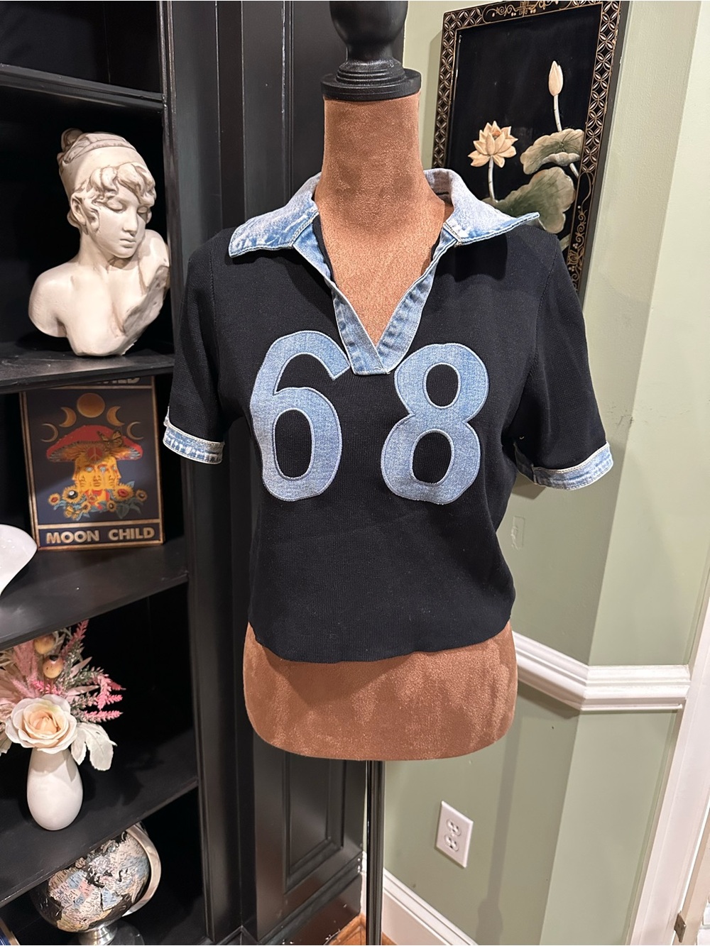 IMMODEL Denim‑Trim Cropped Jersey Top – Patch “68” – Size Large